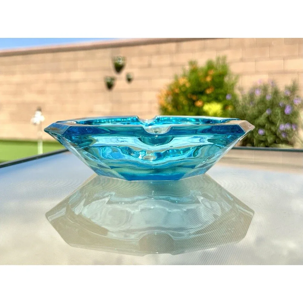 Vintage Hazel Atlas Capri Blue Glass Ash Tray Cigar Trinket Dish octagon 6 5/8